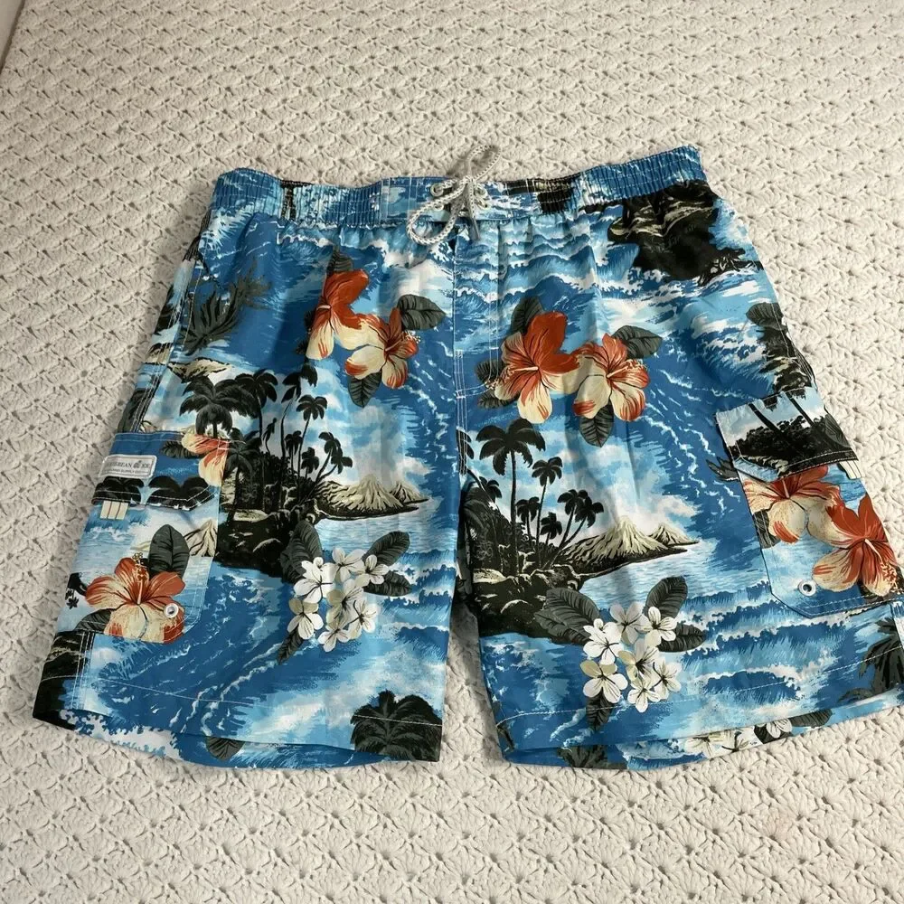 Caribbean Swim Trunks Mens L Mesh Lined Bathing Board Shorts Tropical Palm Trees